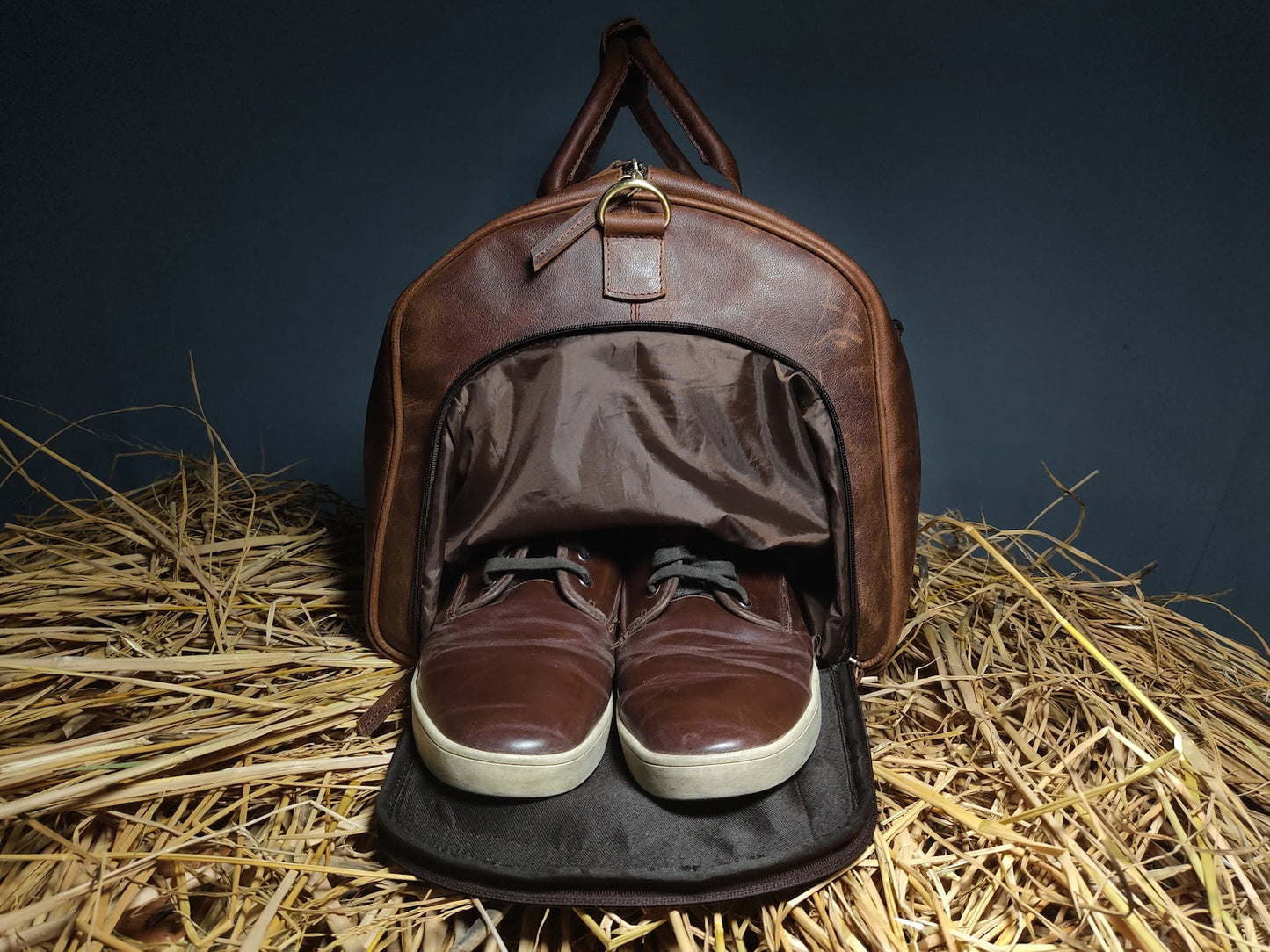 Large Leather Overnight Duffle Bag with Shoe Compartment