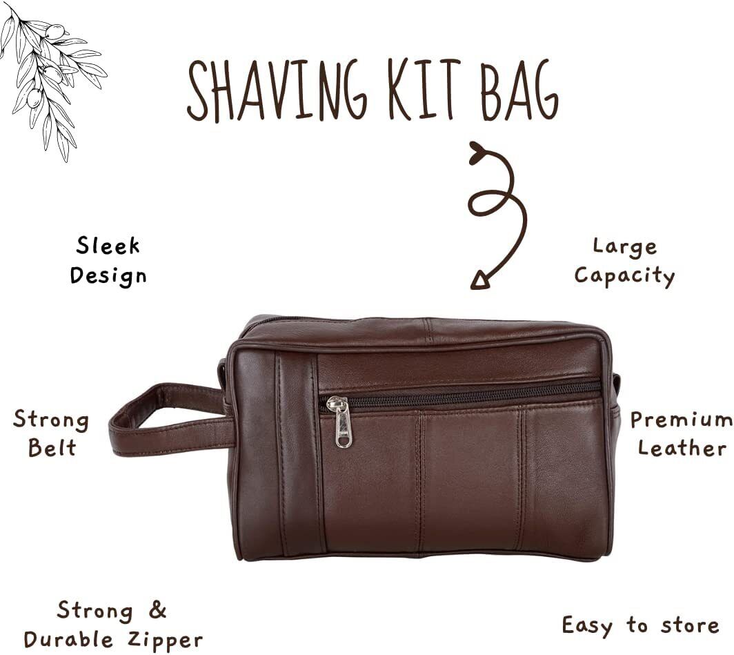 Brown leather travel toiletry bag shaving kit