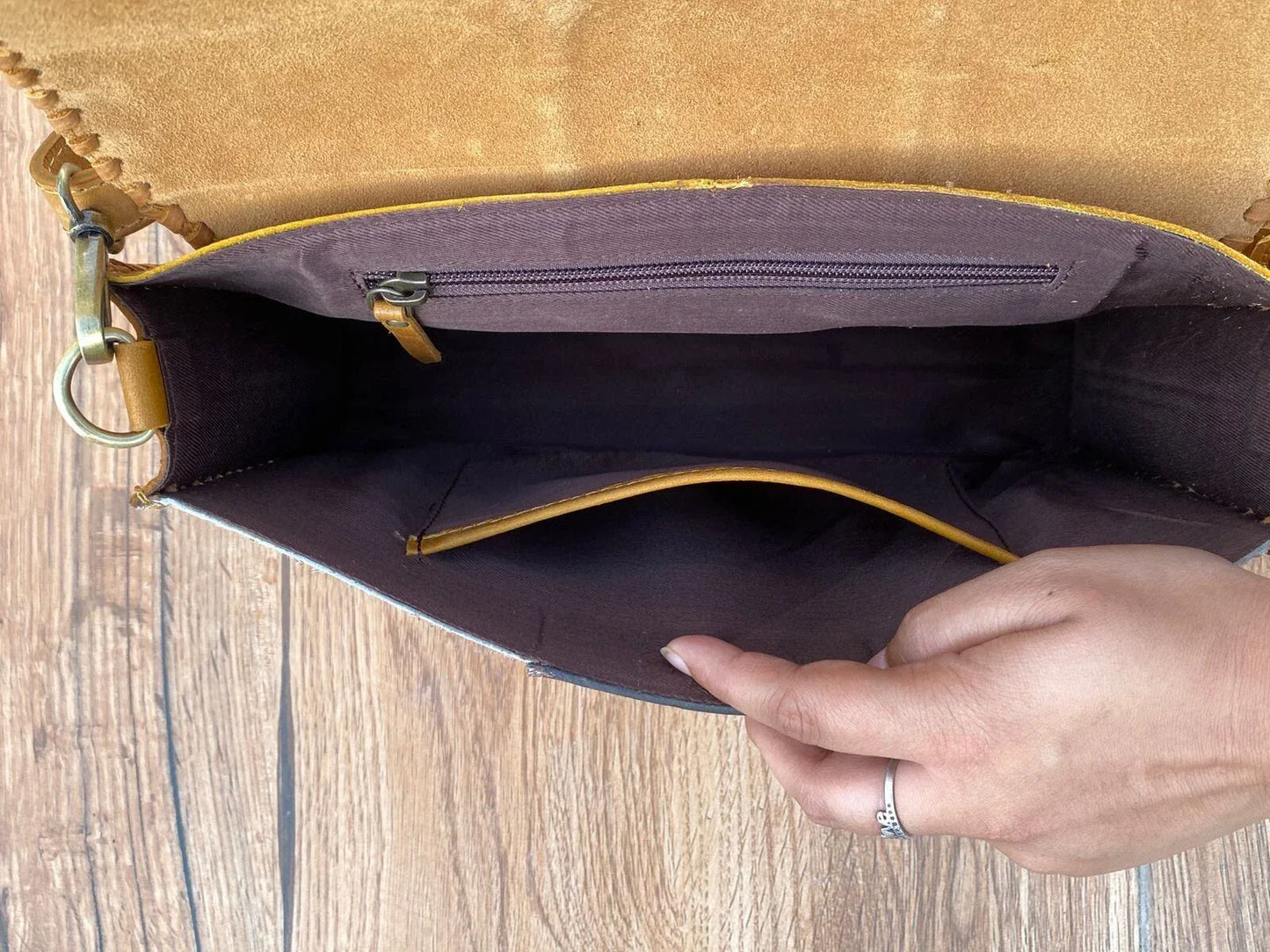 Hand tooled leather cowhide crossbody purse