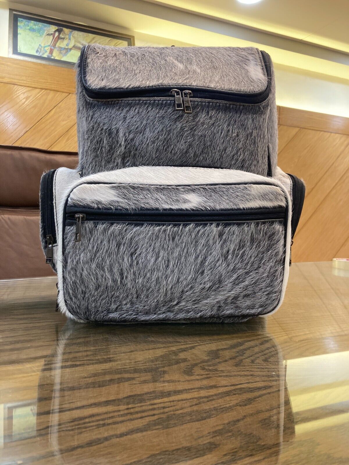 Cow Skin Travel Backpack Grey White