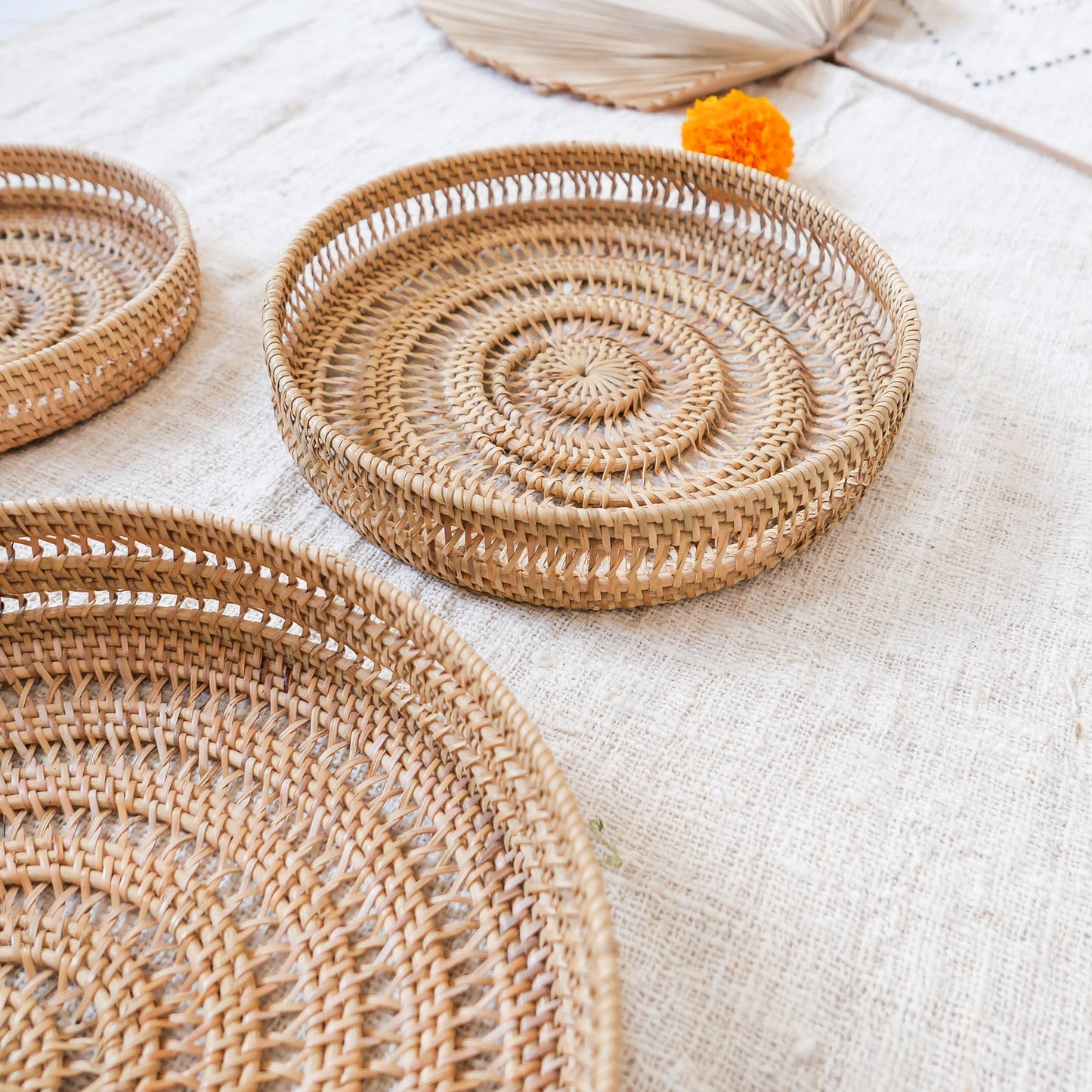 Three Round Rattan Tray Wicker Storage