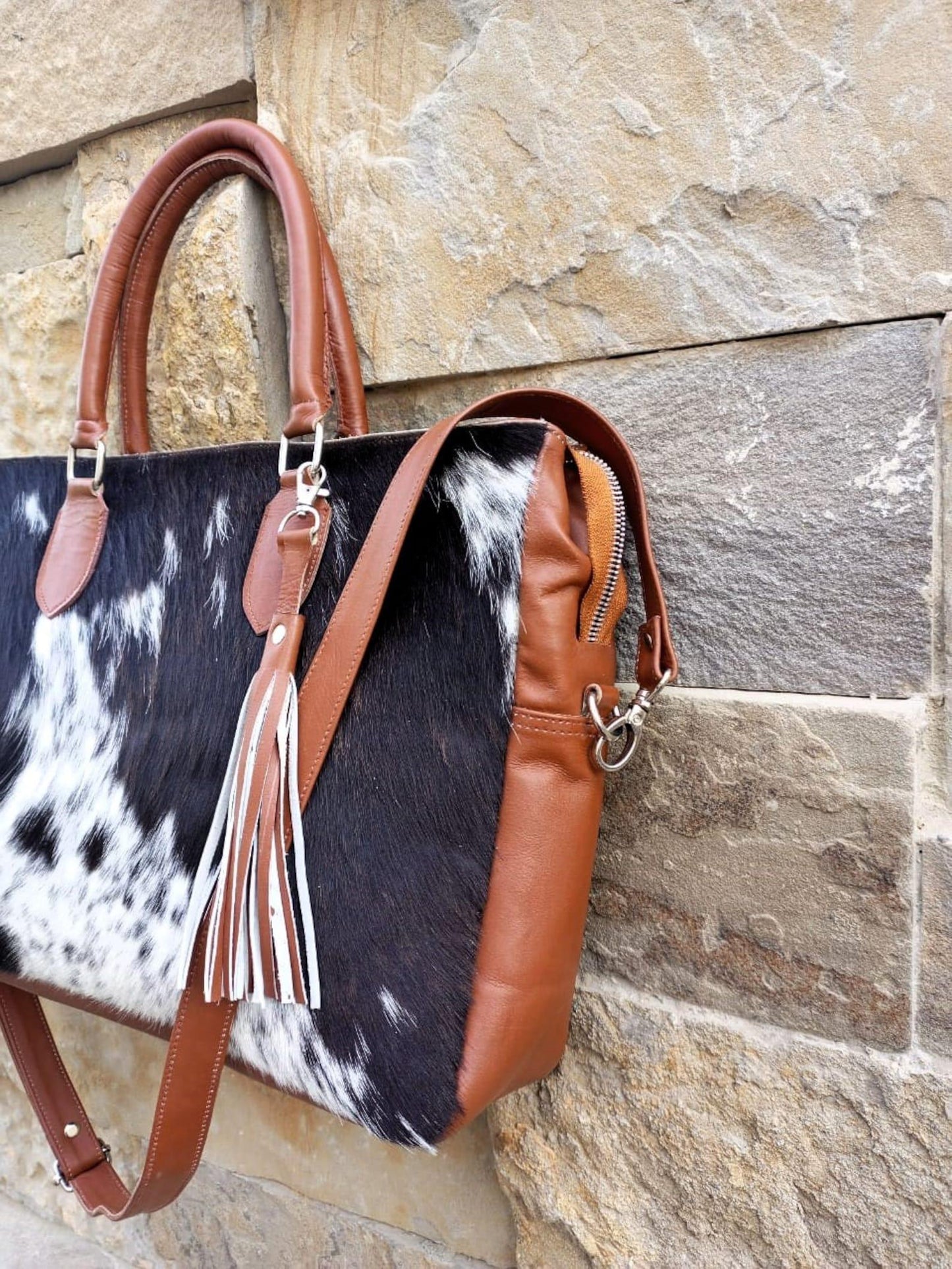 Cowhide Tote Purse Dark Tricolor