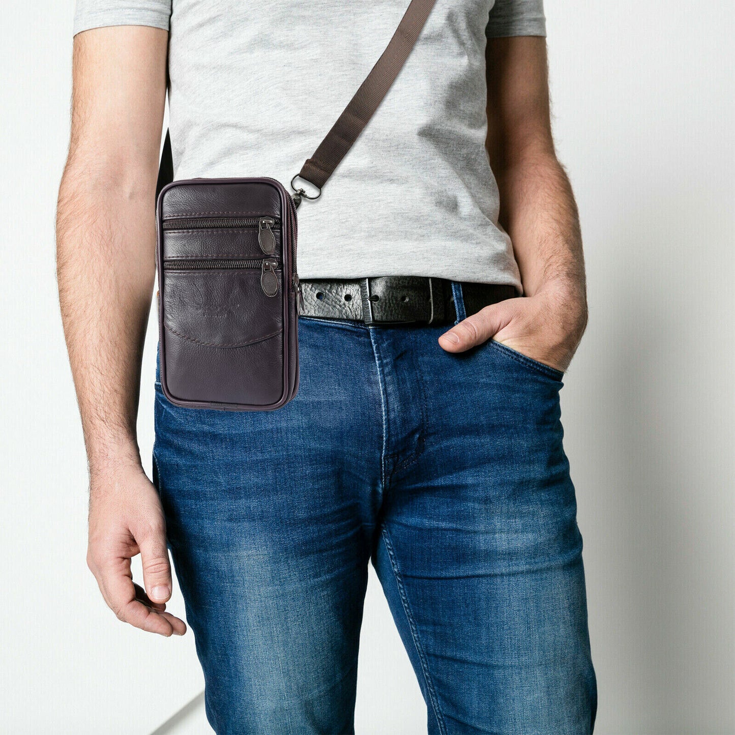 Men's Leather Phone Pouch with Belt Loop and Shoulder Strap
