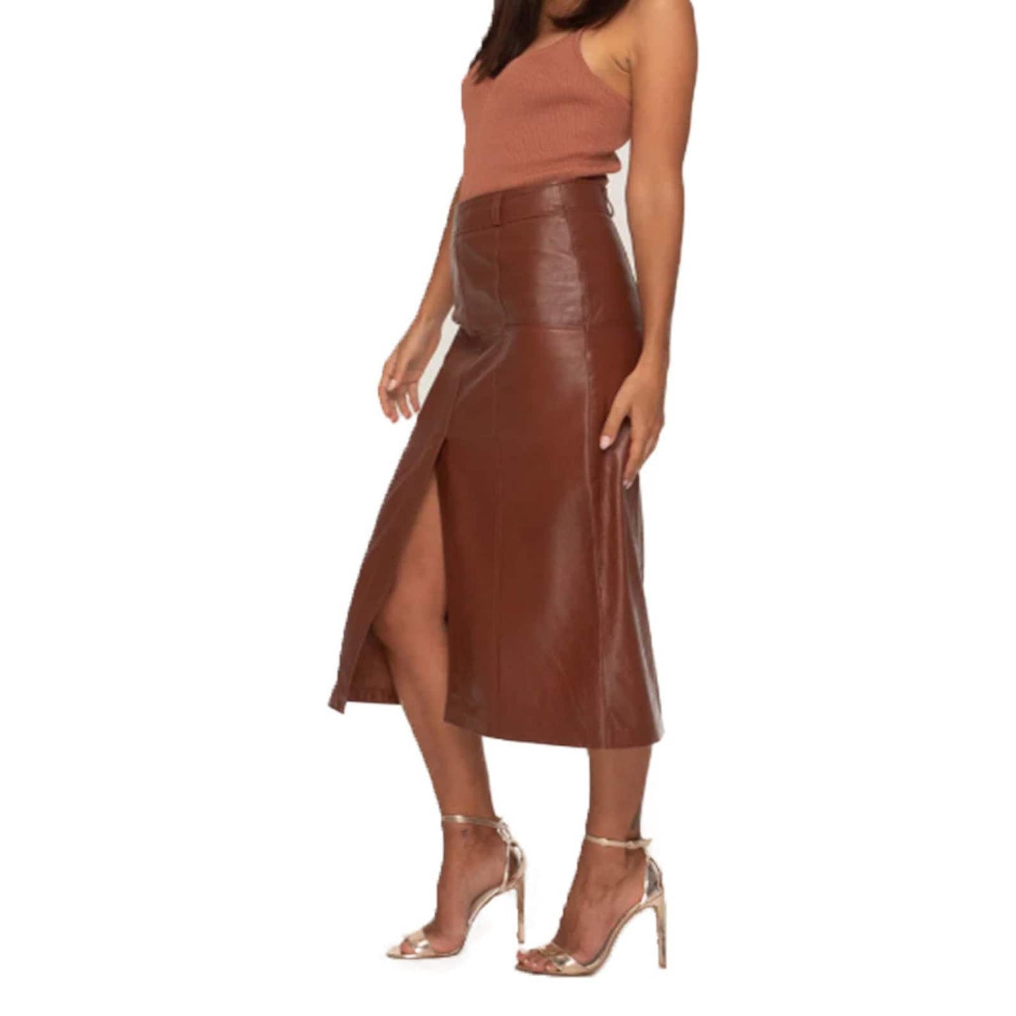 Brown Genuine Leather Midi Skirt for Women with Front Slit