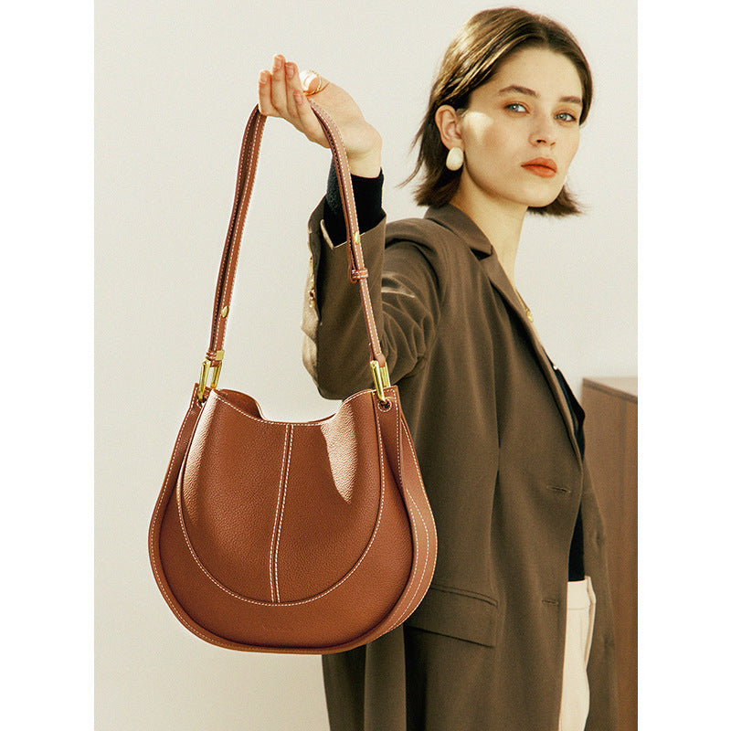 Curved Half Moon Genuine Leather Shoulder Bag