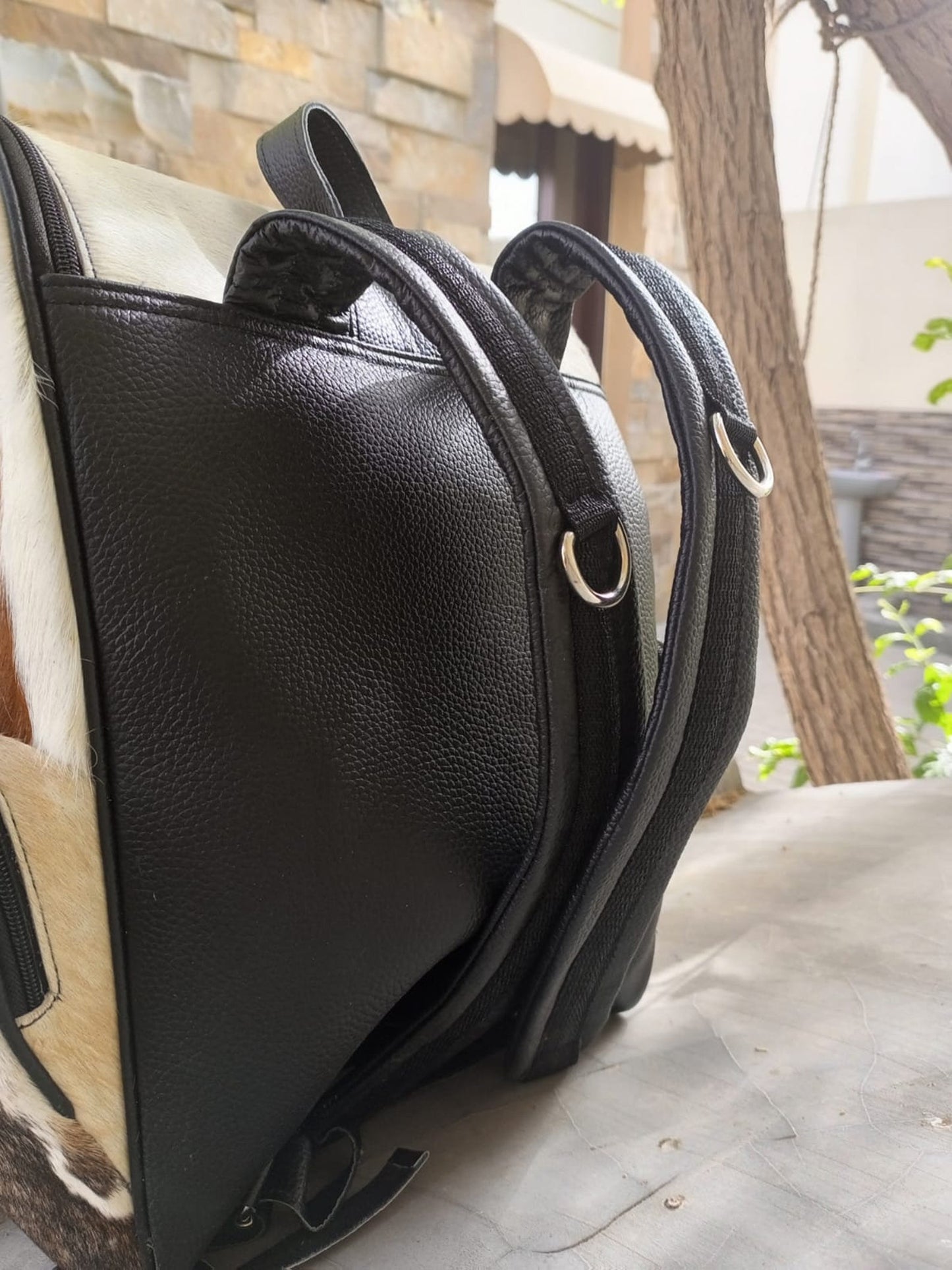 Cowhide Backpack Diaper Bag Brown White