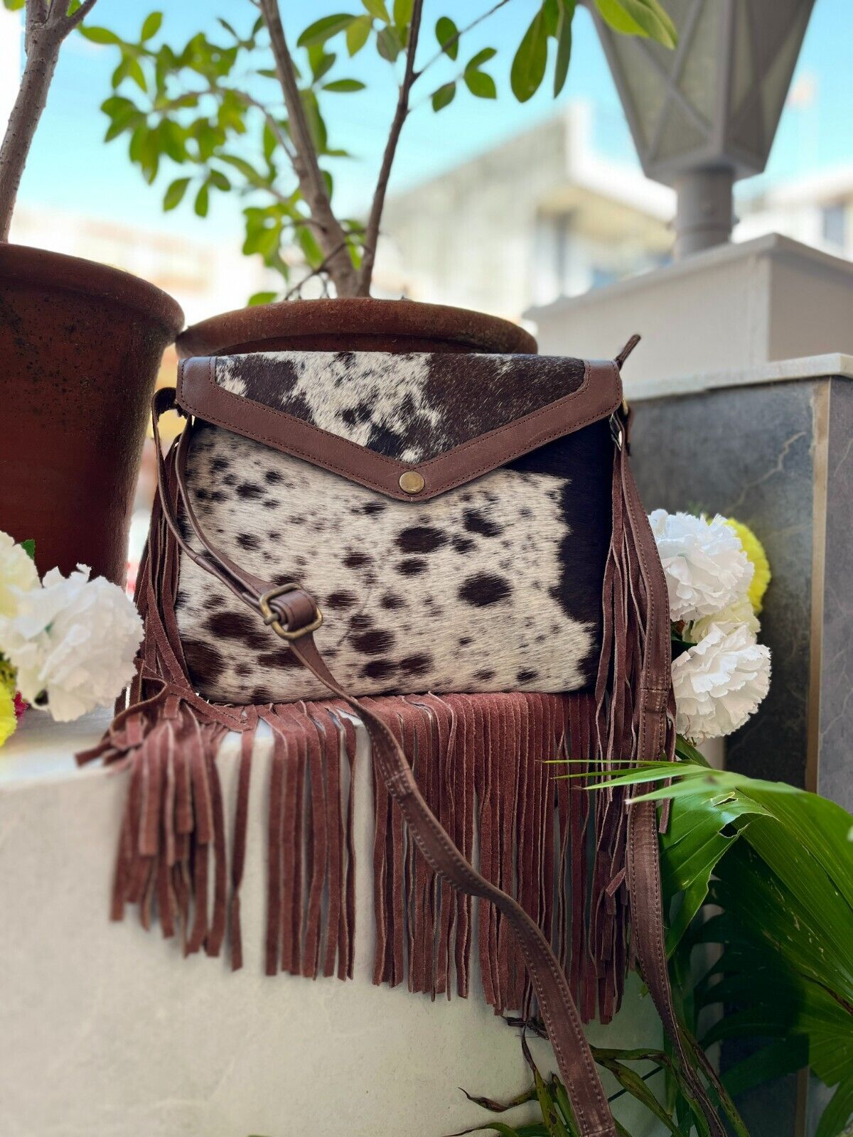 Spotted Black White Cowhide Crossbody Bag With Fringes