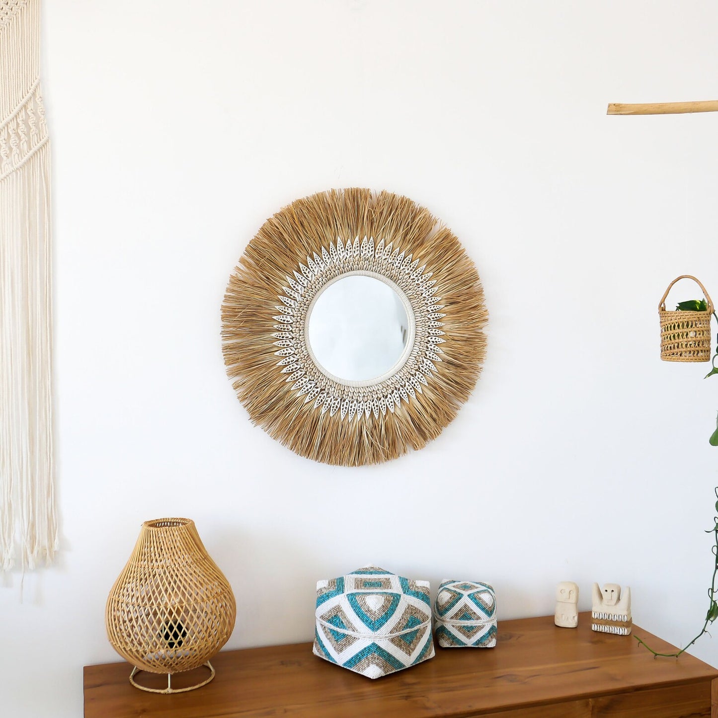 Boho Style Natural Raffia Sea shells Round Mirror