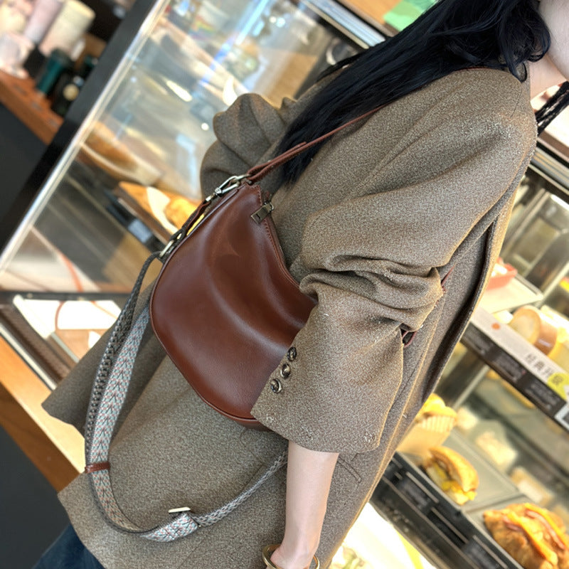Leather Shoulder Bag Half-Moon Purse with Wide Strap