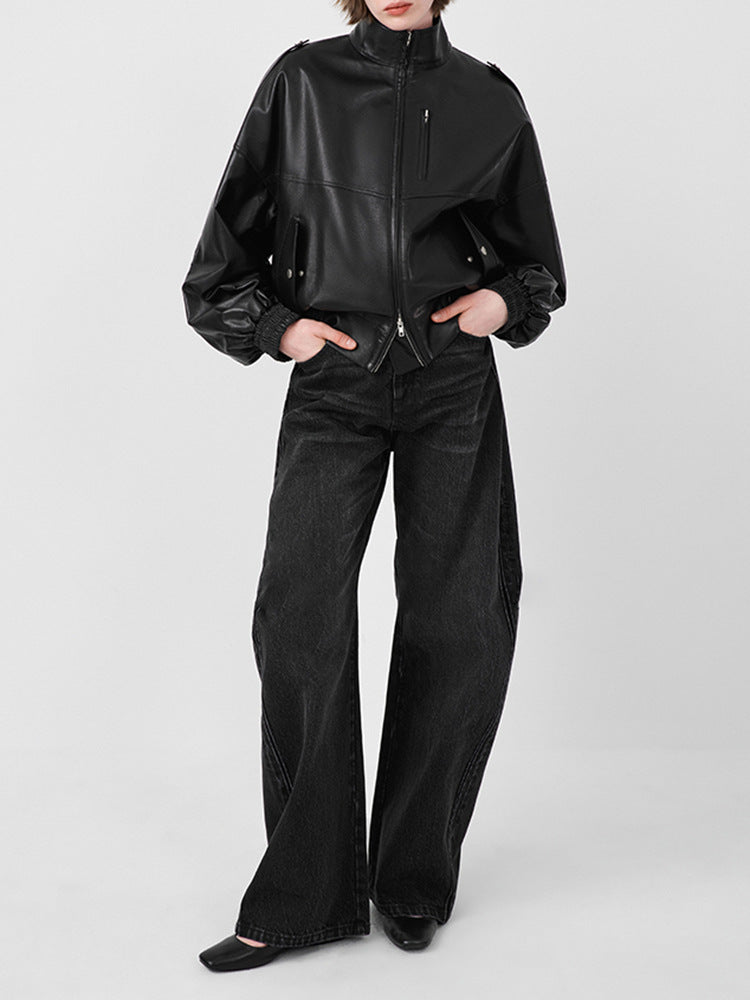 Women Leather Oversized Jacket Retro Stand Collar Motorcycle Coat