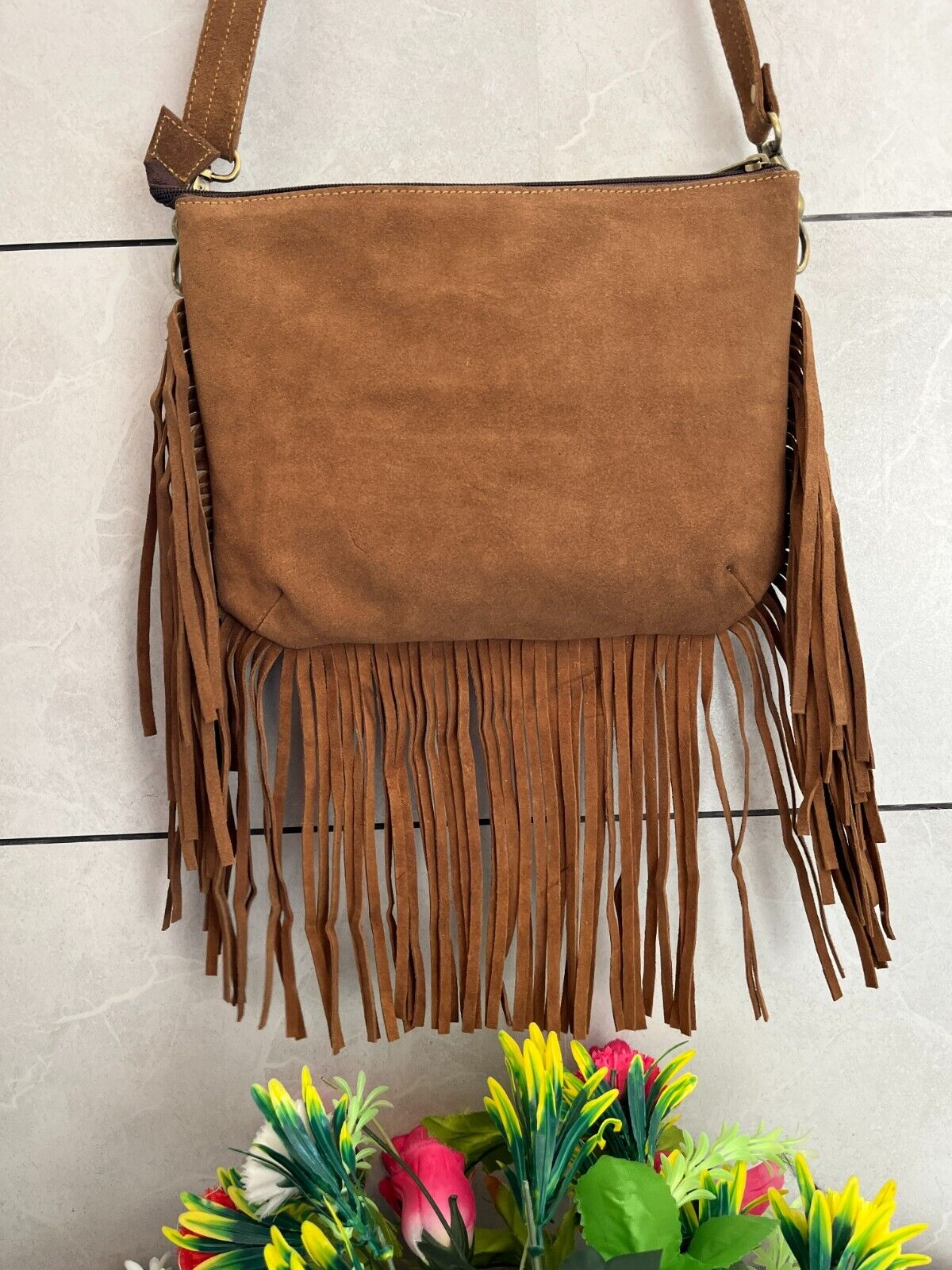 Brown White Cowhide Tooled Bag