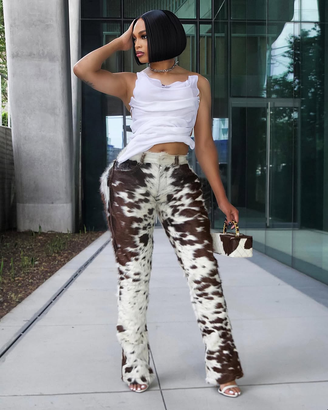 women hair on cowhide trousers