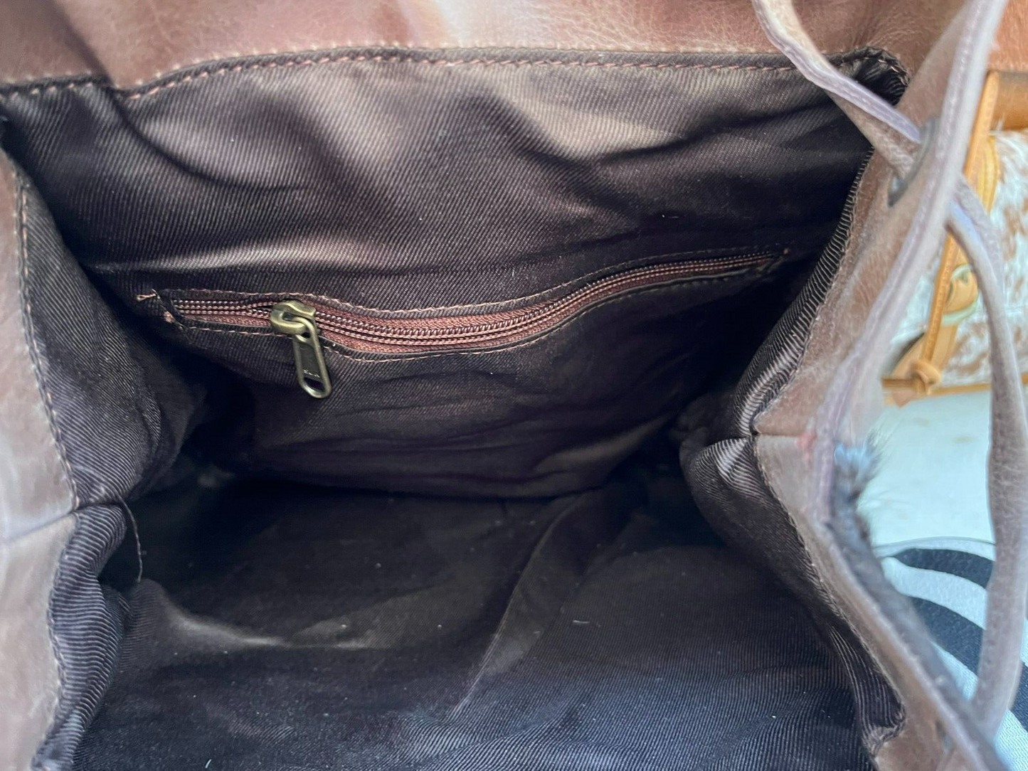 Real Cowhide Leather Backpack Brown White