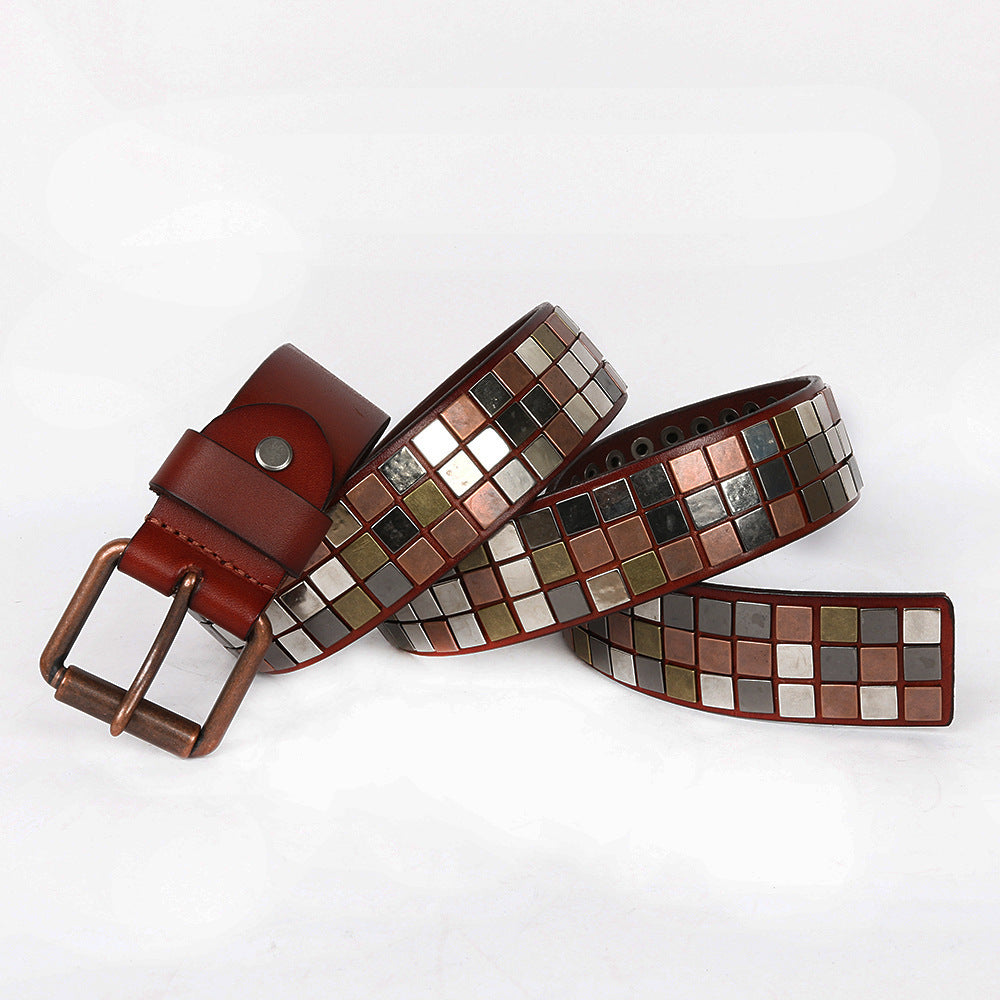 Unisex Studded Leather Belt with Square Rivets
