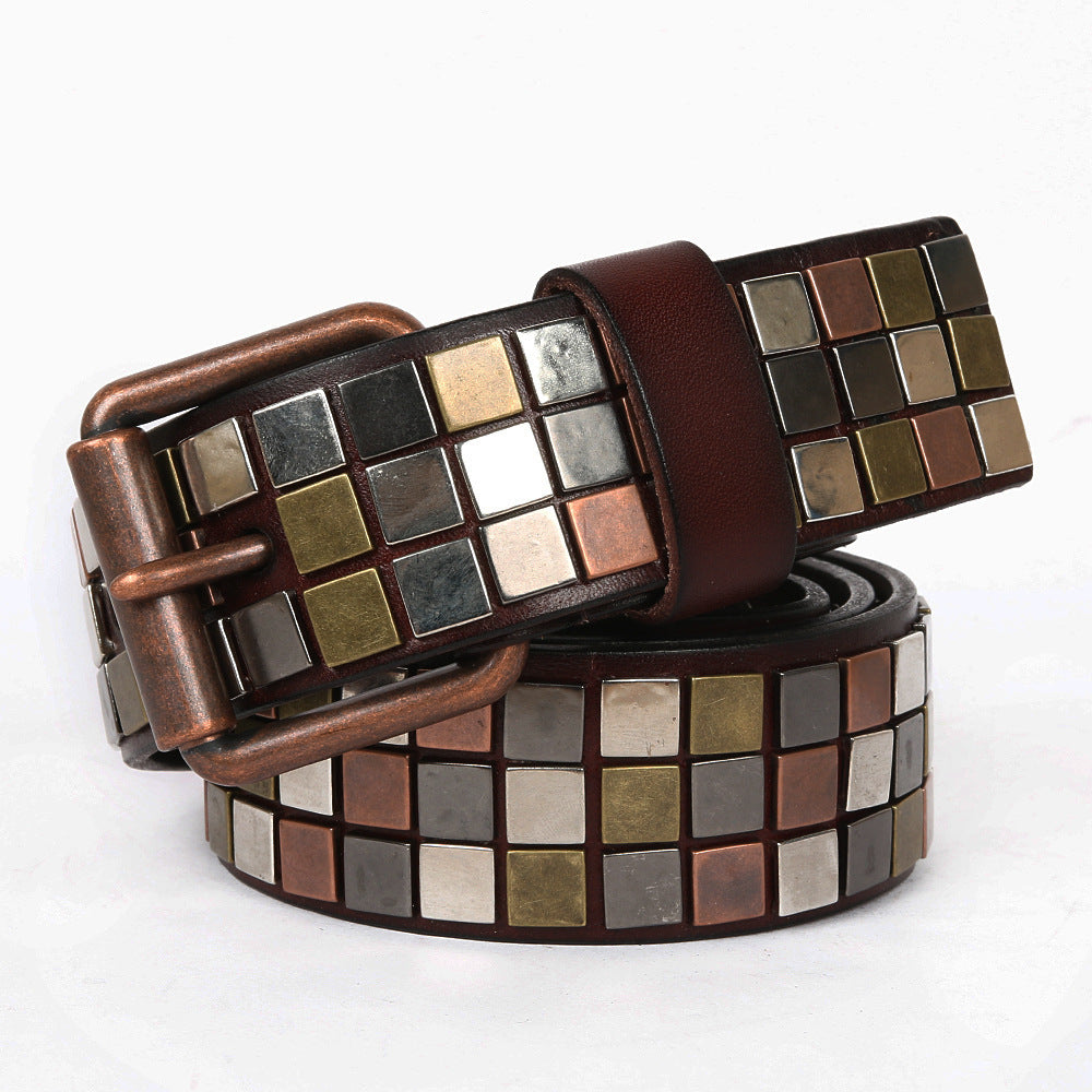 Unisex Studded Leather Belt with Square Rivets