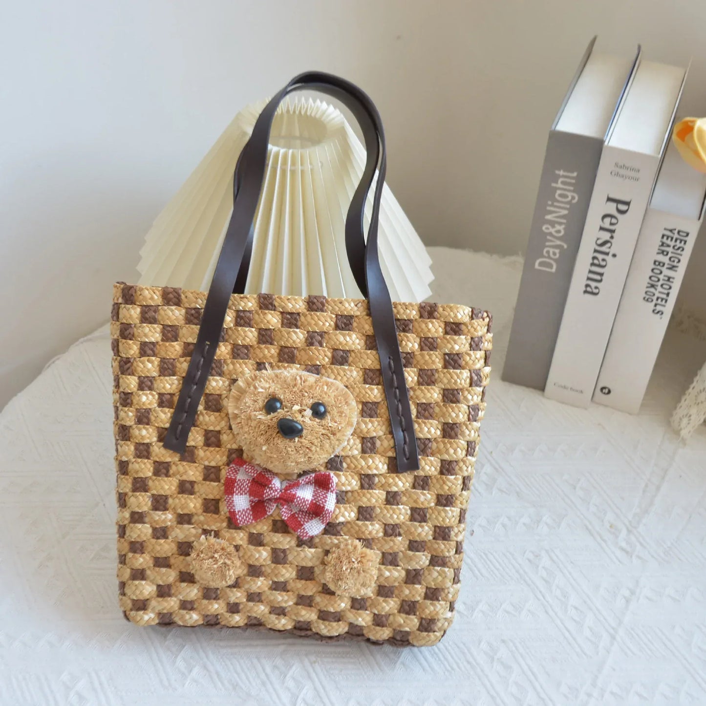 women kids straw handbag summers Pink bow tie bear