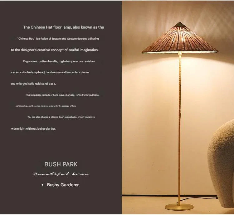 Danish Wabi-Sabi Rattan Floor Lamp Retro Hat Style Standing Light