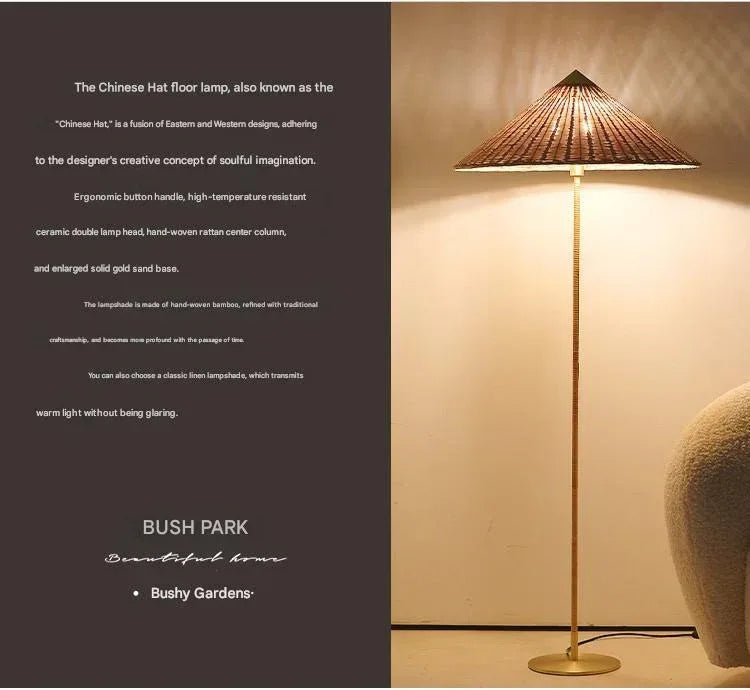Danish Wabi-Sabi Rattan Floor Lamp Retro Hat Style Standing Light