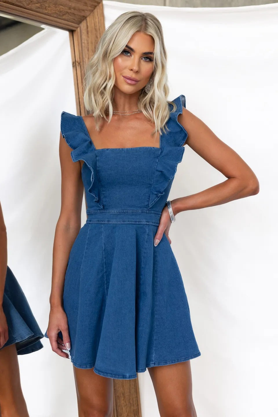 Women Denim Mini Dress Ruffle Sleeveless Blue Jean Dress