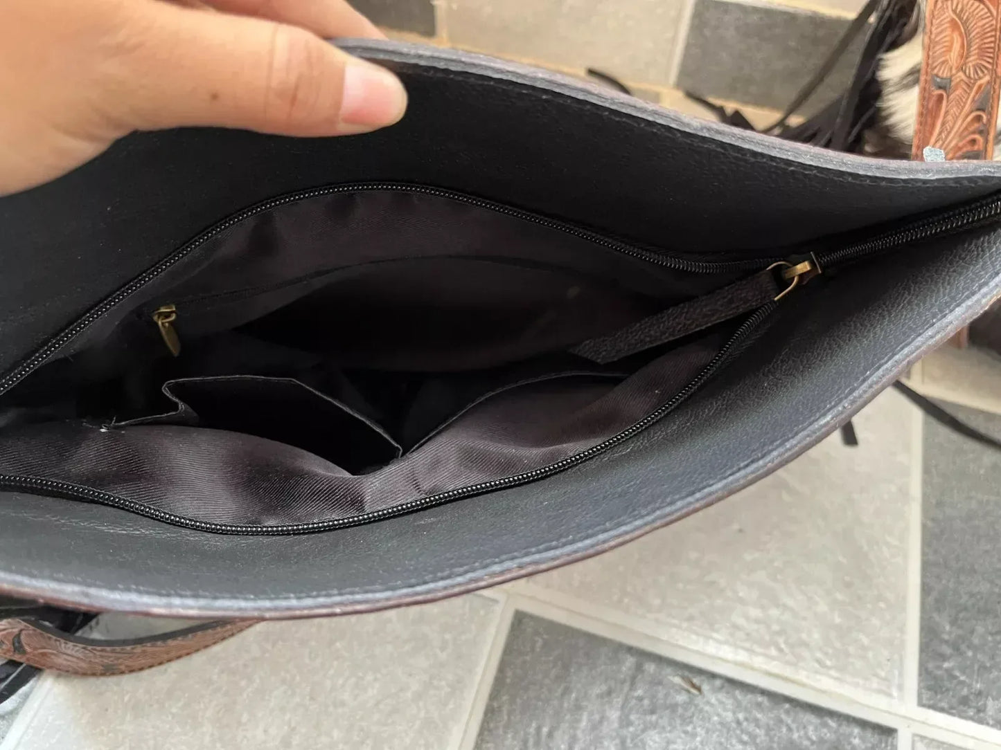 Real Cowhide Tooled Leather Fringe Handbag