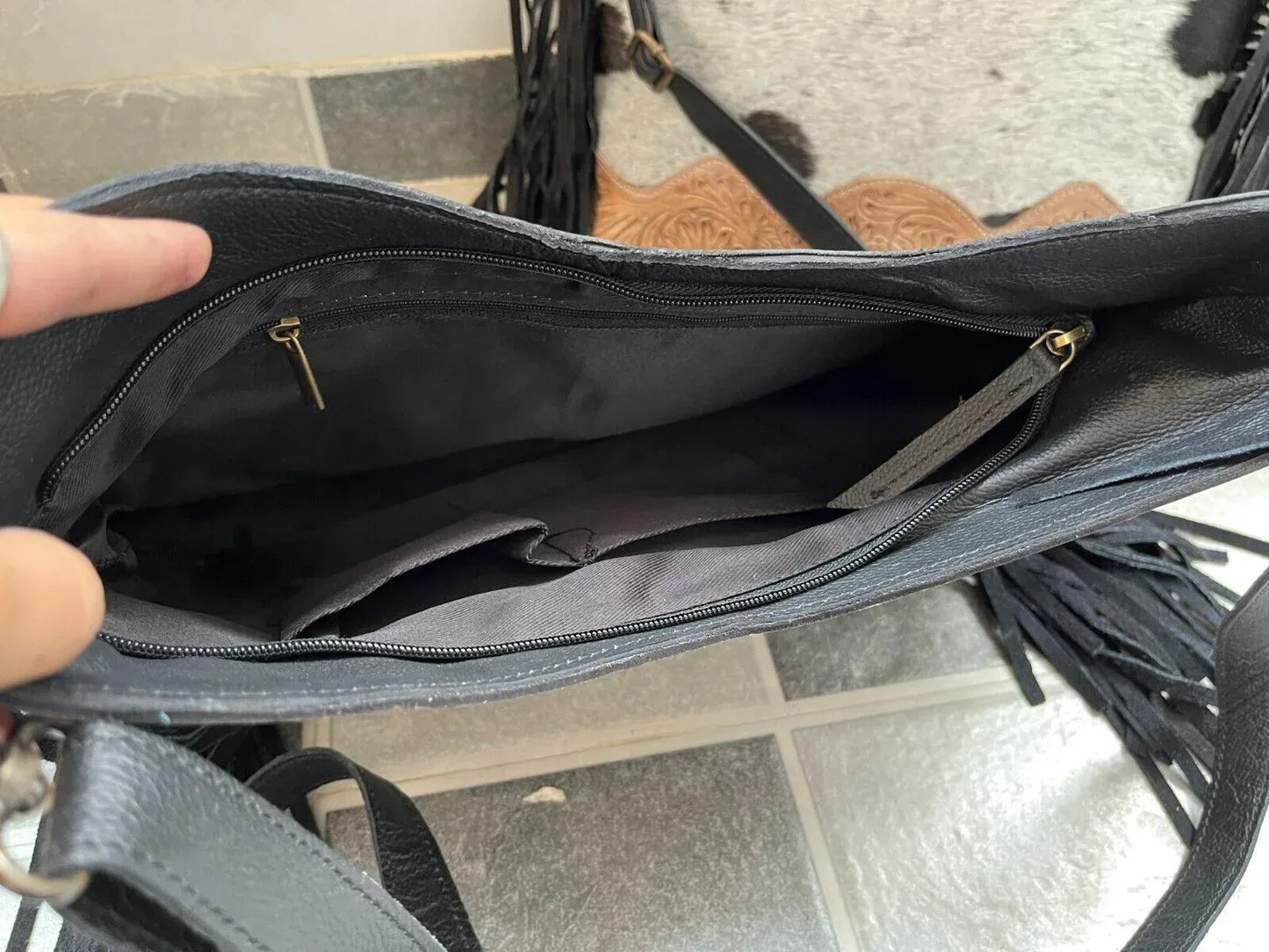 Tooled Cowhide Bag With Fringe