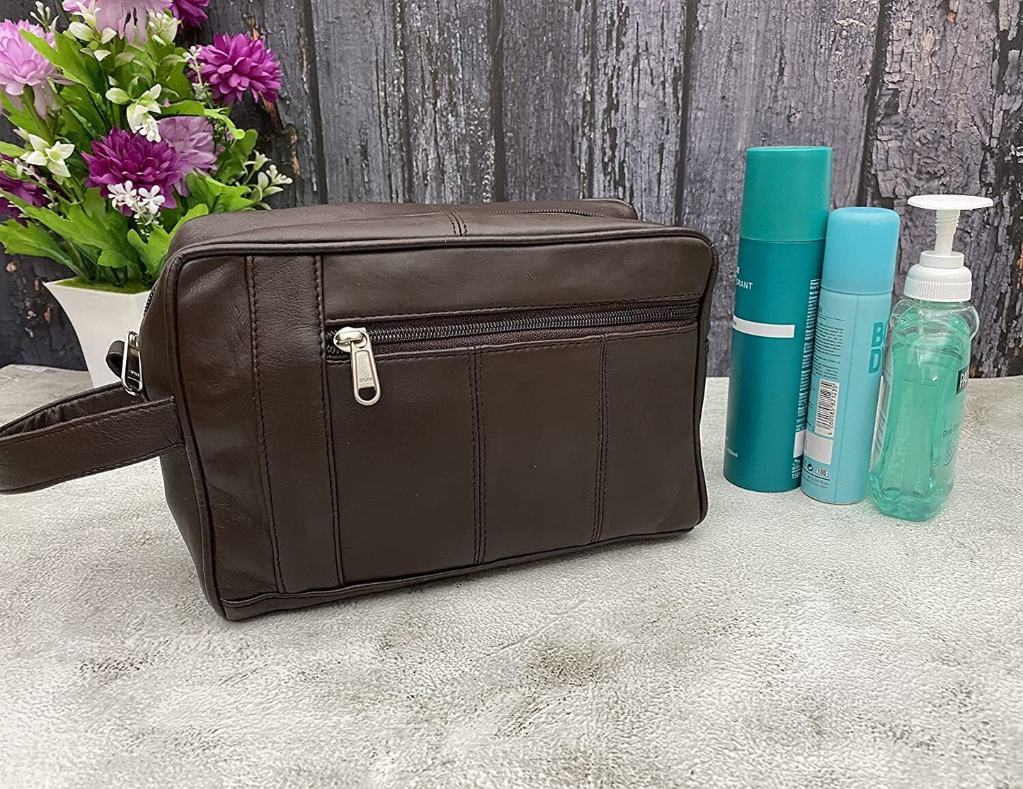 Brown leather travel toiletry bag shaving kit