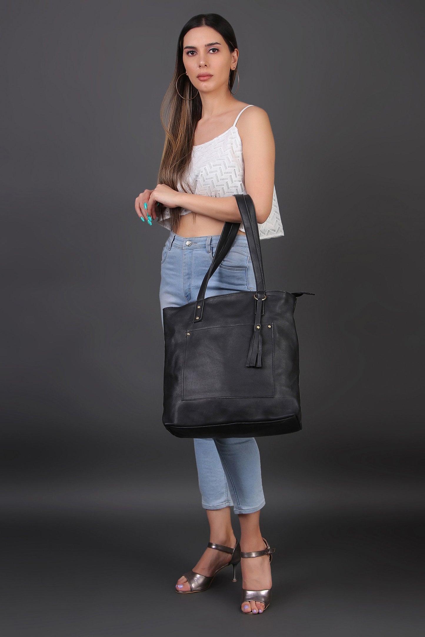 ladies black leather tote bags