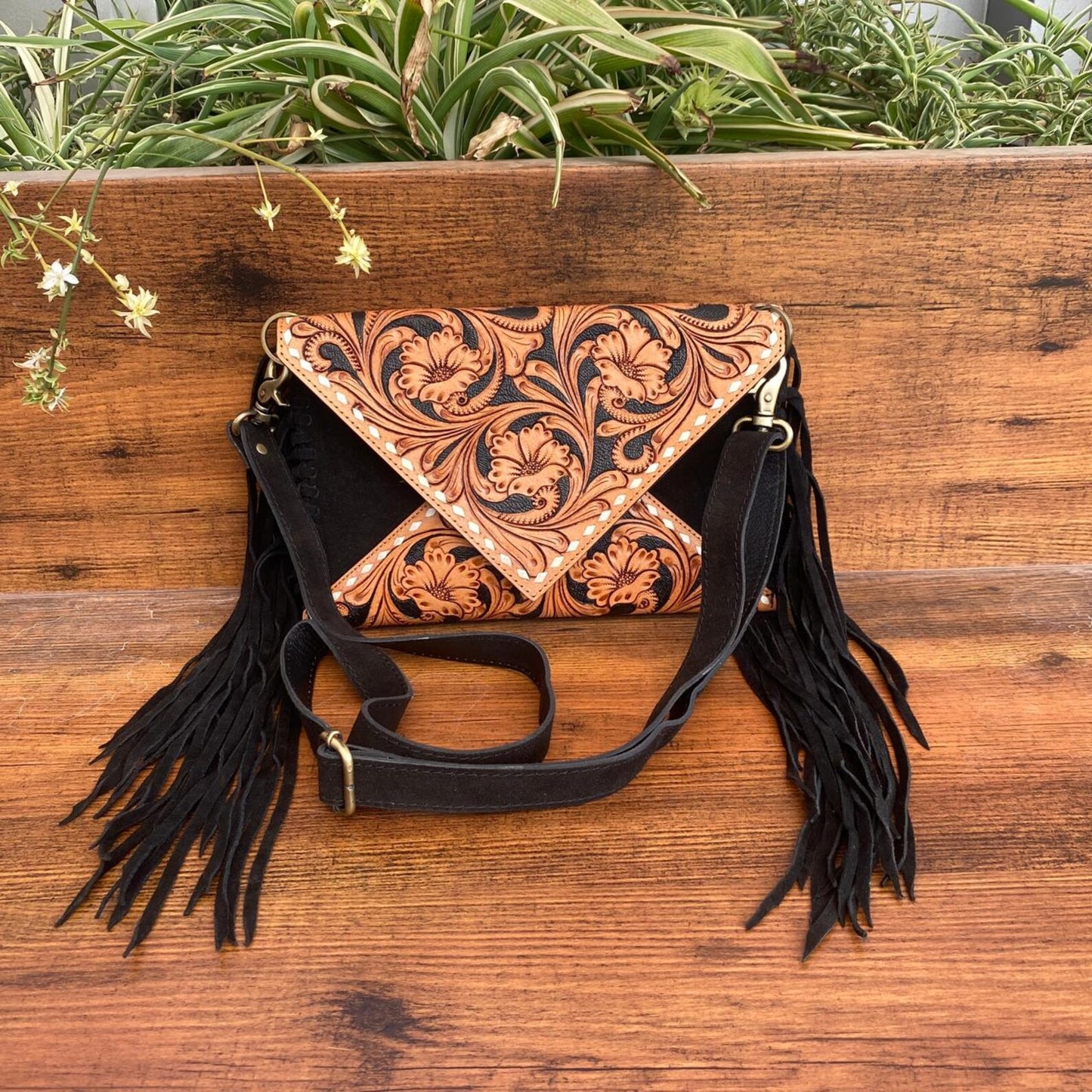 Suede Tooled Leather Crossbody Sling Purse