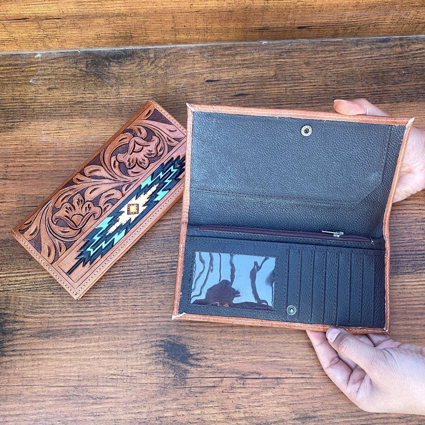 Hand Tooled Leather Wallet Long Cowboy Purse