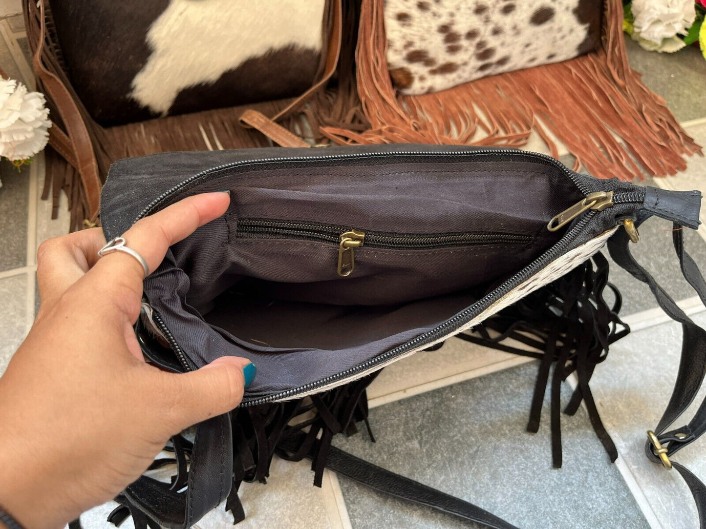 Spotted Black White Cowhide Crossbody Bag With Fringes