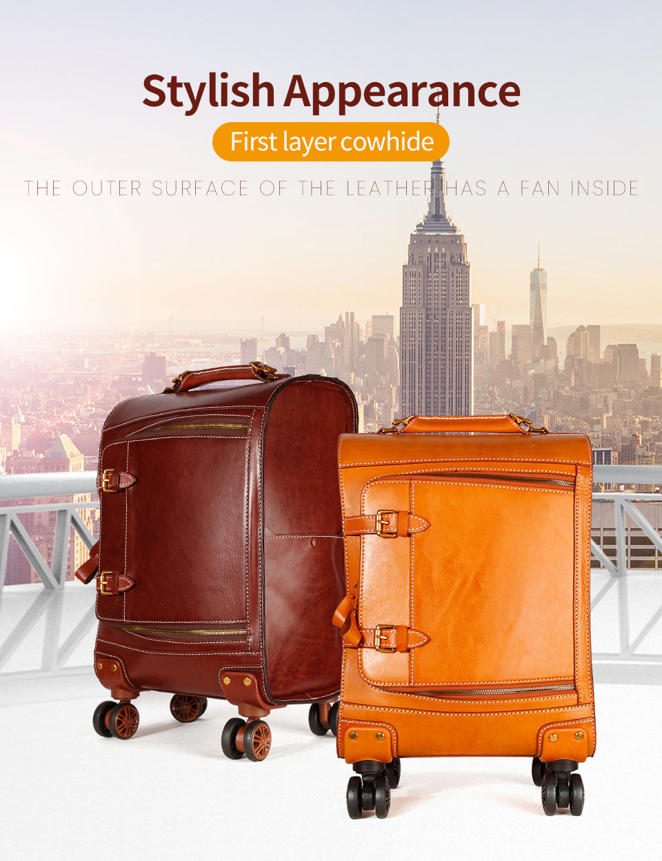Leather Carry On Suitcase Trolley Case with Spinner Wheels