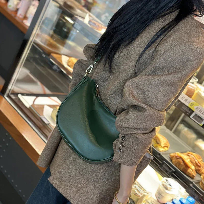 Leather Shoulder Bag Half-Moon Purse with Wide Strap emerald green