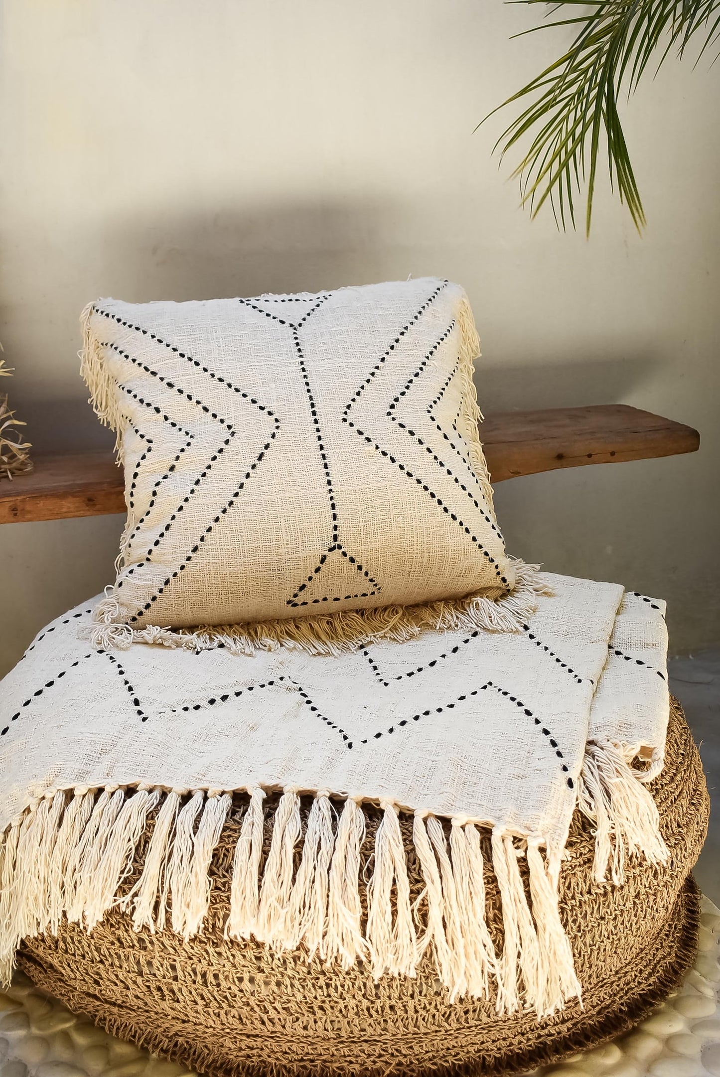 Set of cotton pillow cover and throw blanket runner