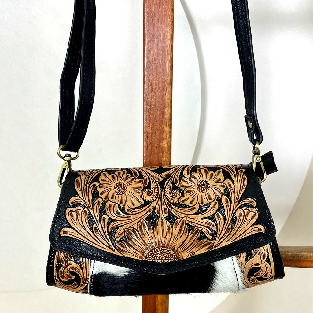 Hand tooled cowhide leather crossbody mini bag
