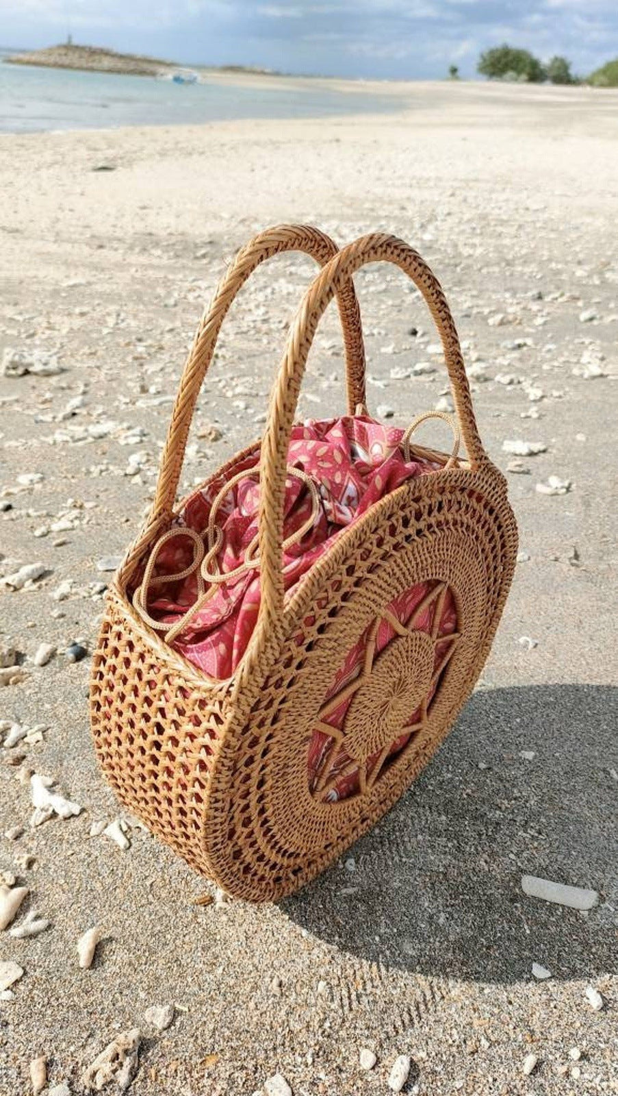 Handwoven Bali Rattan Bag with Batik Lining Round Ata Beach Tote