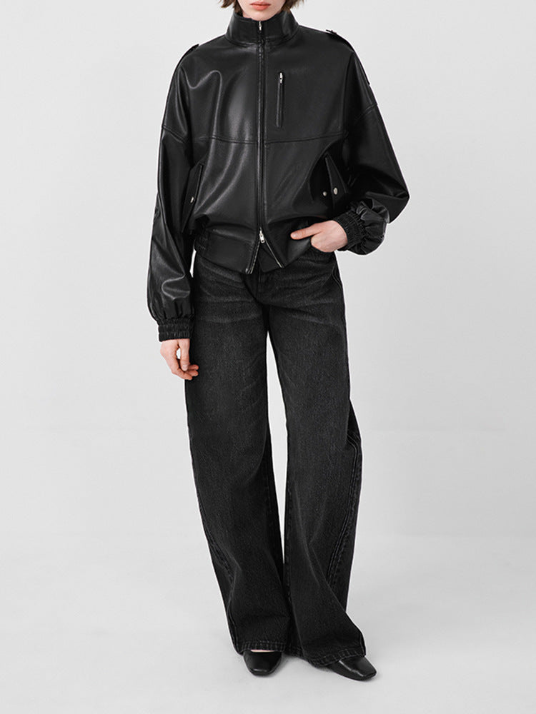 Women Leather Oversized Jacket Retro Stand Collar Motorcycle Coat
