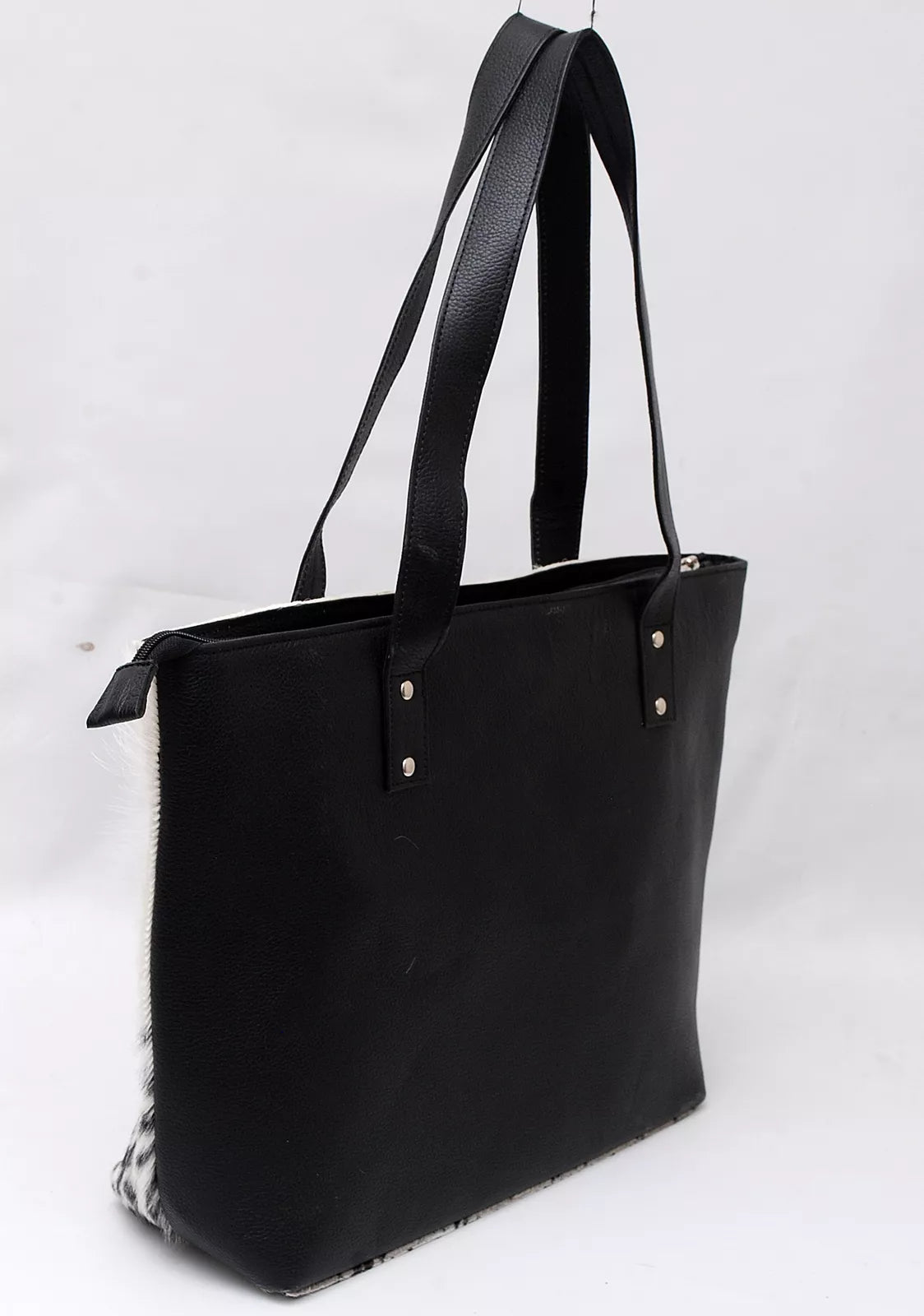 Large Cowhide Tote Handbag Black White