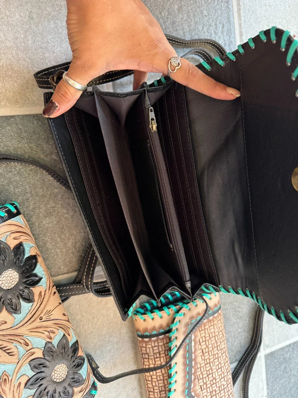 tooled leather hair on hide crossbody handbag