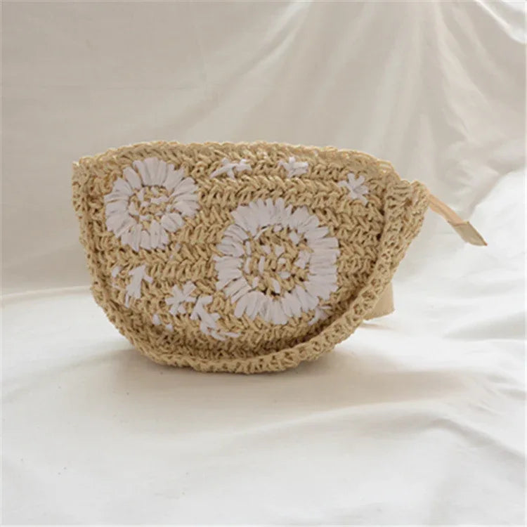 Floral stitched crochet straw bag Beige