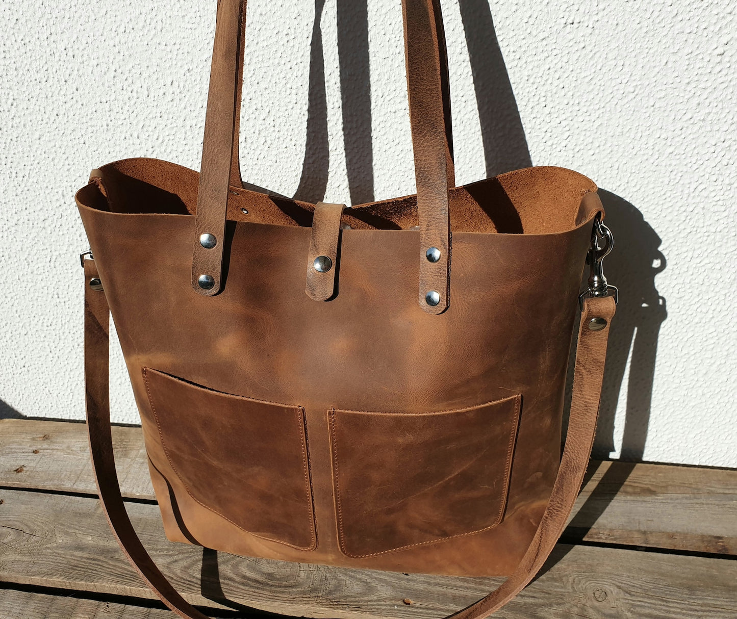 Large brown pull up leather tote bag