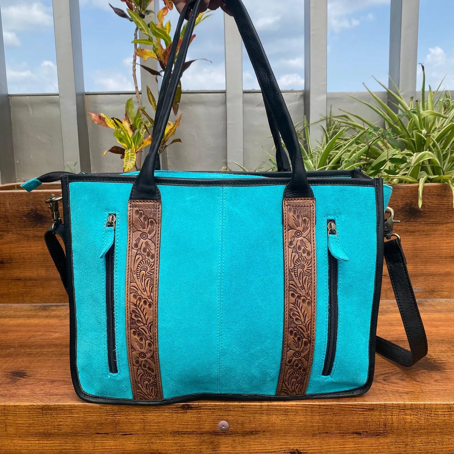 Turquoise Suede Tooled Leather Tote Bag