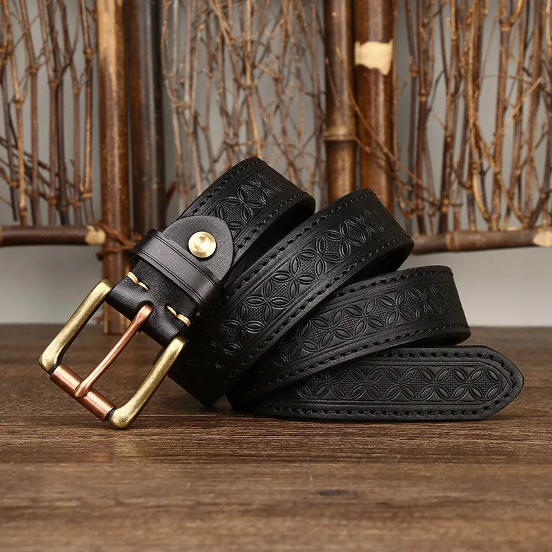 Genuine Leather Belt for Men Vintage Brass Buckle