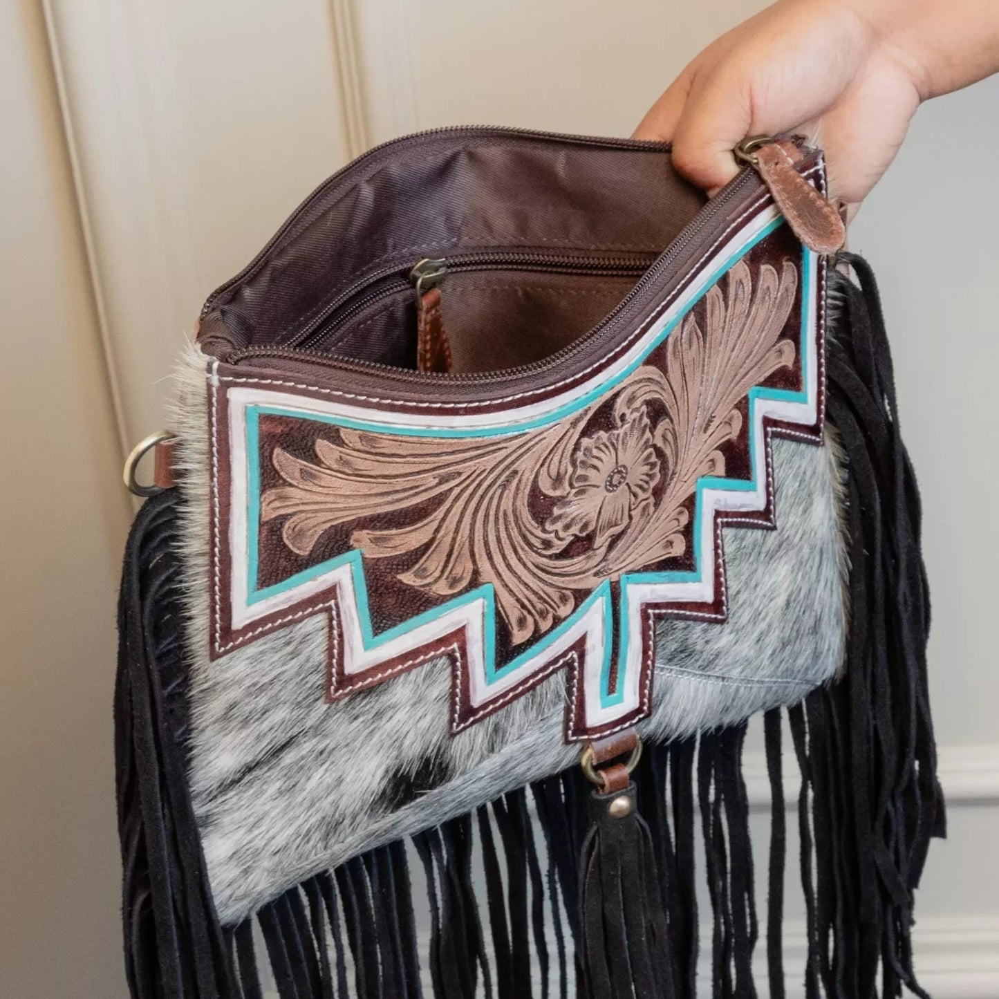 Tooled Leather Cowhide Crossbody Bag Fringe