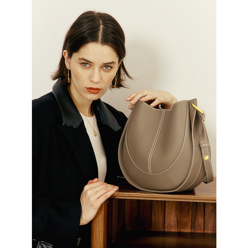 Curved Half Moon Genuine Leather Shoulder Bag