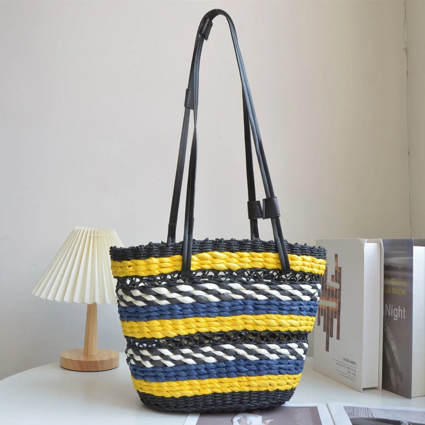 three color trending women straw beach bag BLACK