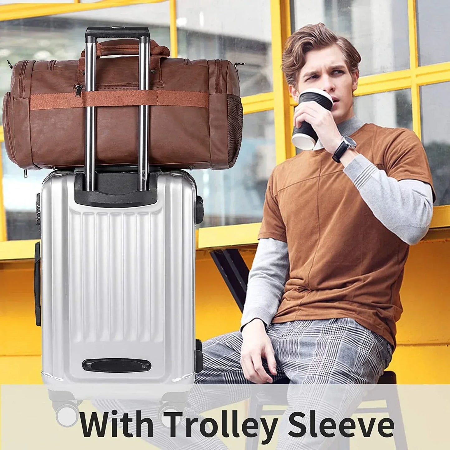 Men's Leather Travel Duffle Bag with Shoe Compartment and Trolley Sleeve