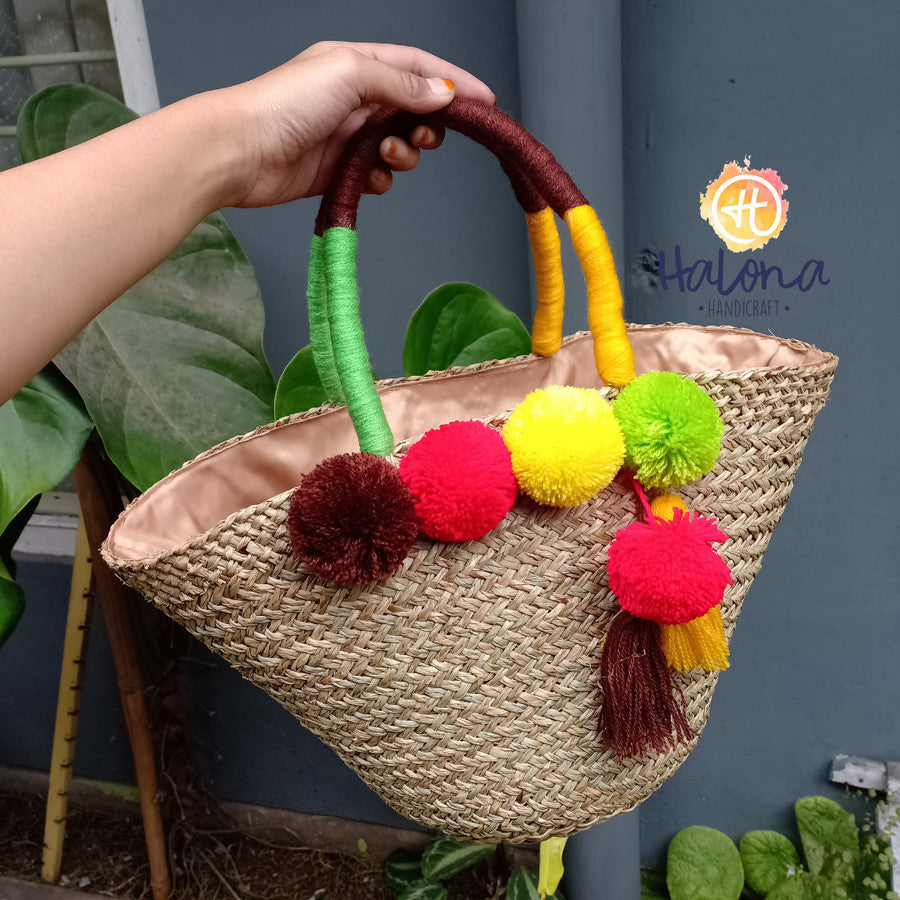 Woven Mendong Tote Bag with Pompoms