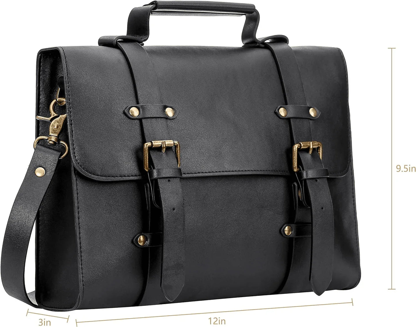 Black Leather Laptop Briefcase with Buckle Straps and Shoulder Handle