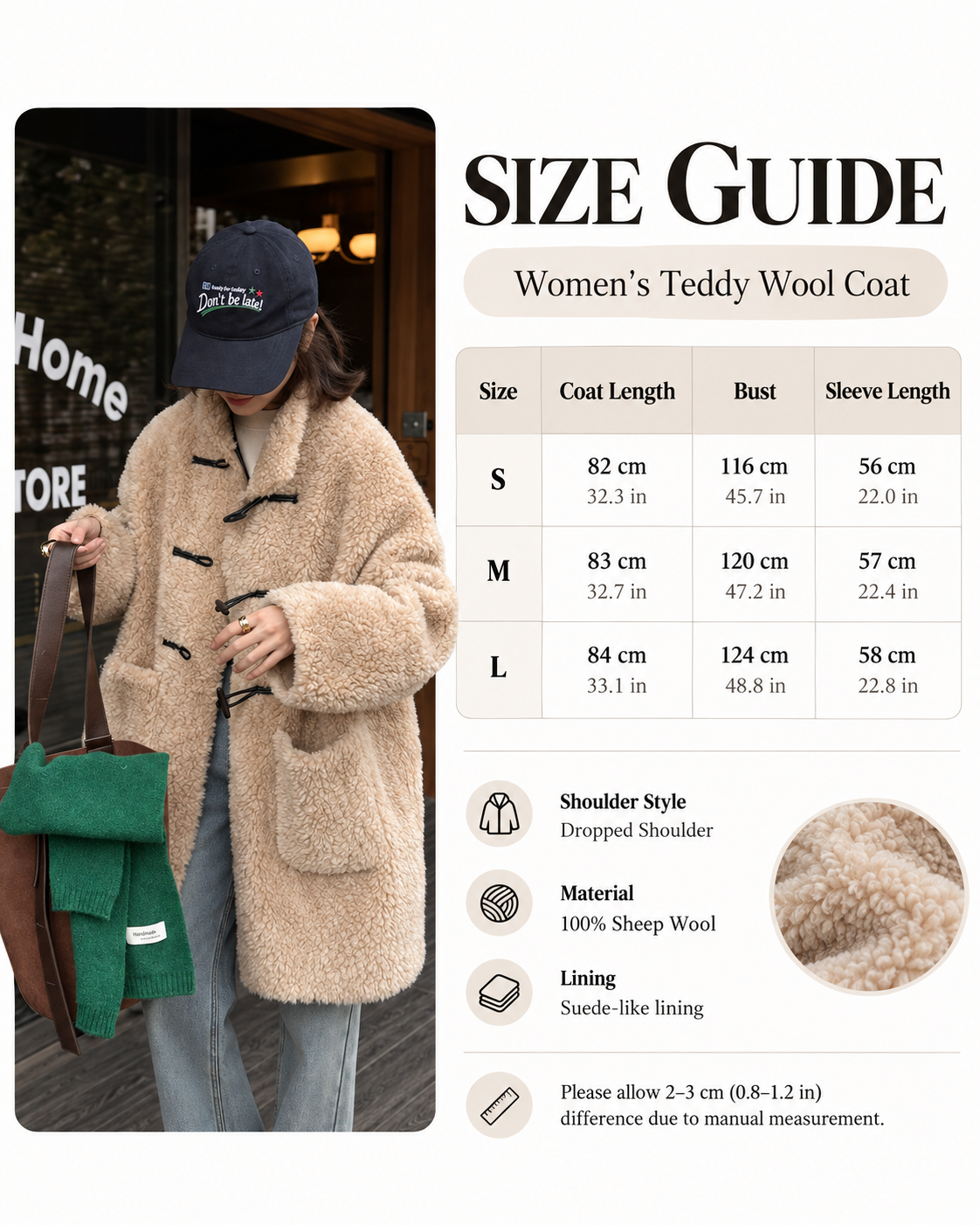 Women's Wool Coat with Toggle Buttons and Stand Collar