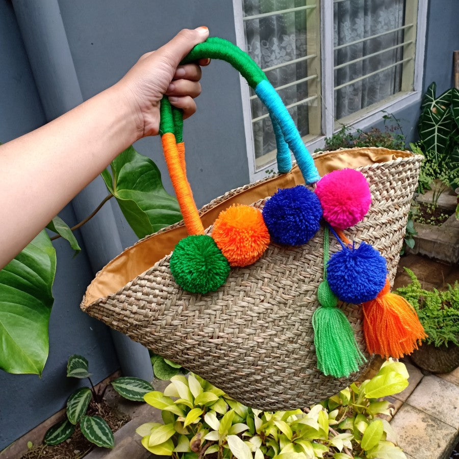 Woven Mendong Tote Bag with Pompoms
